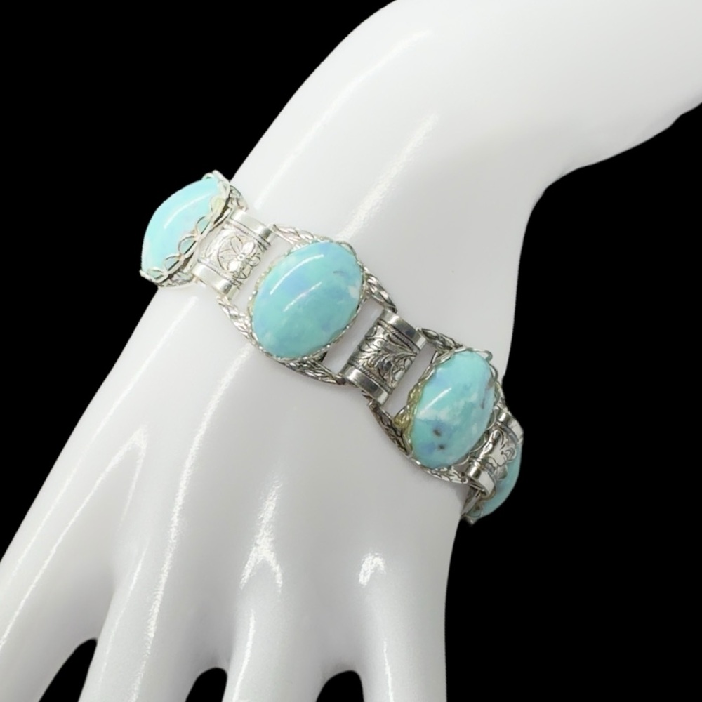 Vintage Etched Silver Plated & Turquoise Blue Art Glass Cabochon Link Bracelet